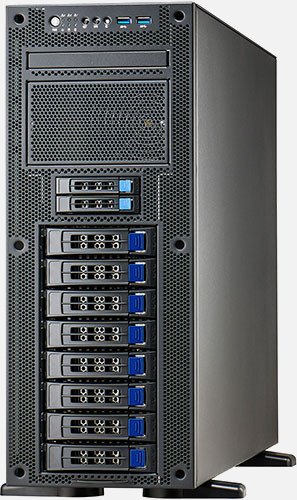 Dark gray workstation tower with a stack of hot-swap drive bays